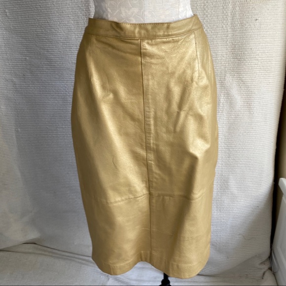 Vintage 90s M Leather Skirt Metallic Gold Pencil - Picture 3 of 8